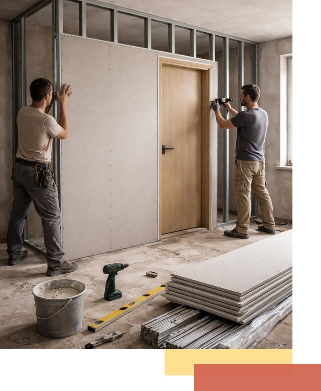 Перегородка из гипсокартона с дверью под ключ в Видном