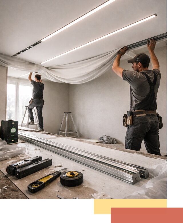 Монтаж натяжных потолков со световыми линиями в Видном