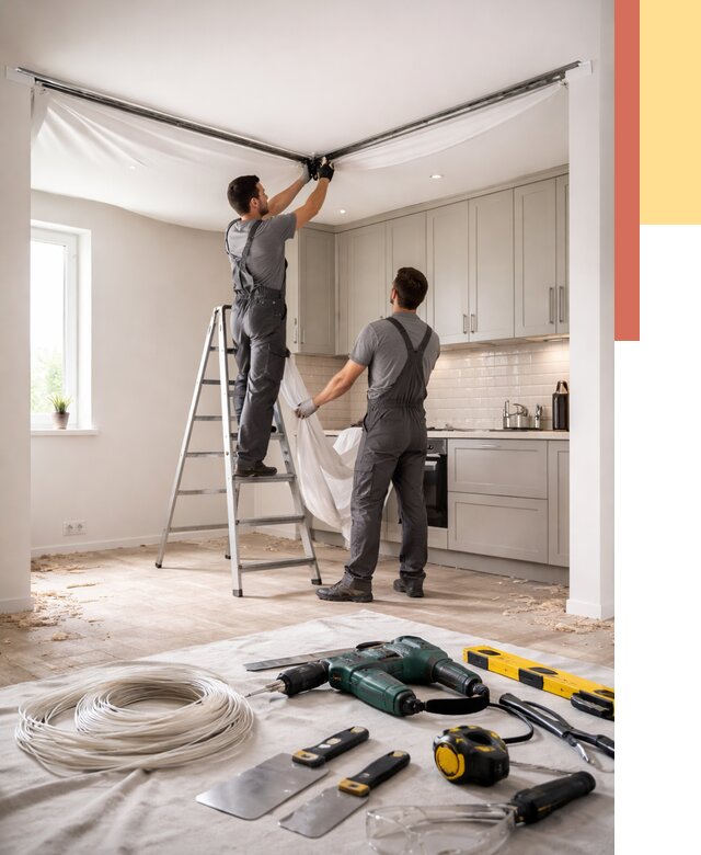 Установка натяжного потолка на кухне в Видном от 2484 руб. | ОТДЕЛОЧНИК-Вдн