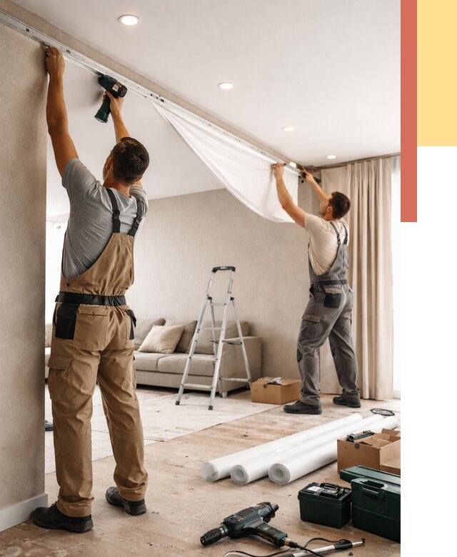 Монтаж натяжного потолка в гостиной в Видном от 569 руб. | ОТДЕЛОЧНИК-Вдн