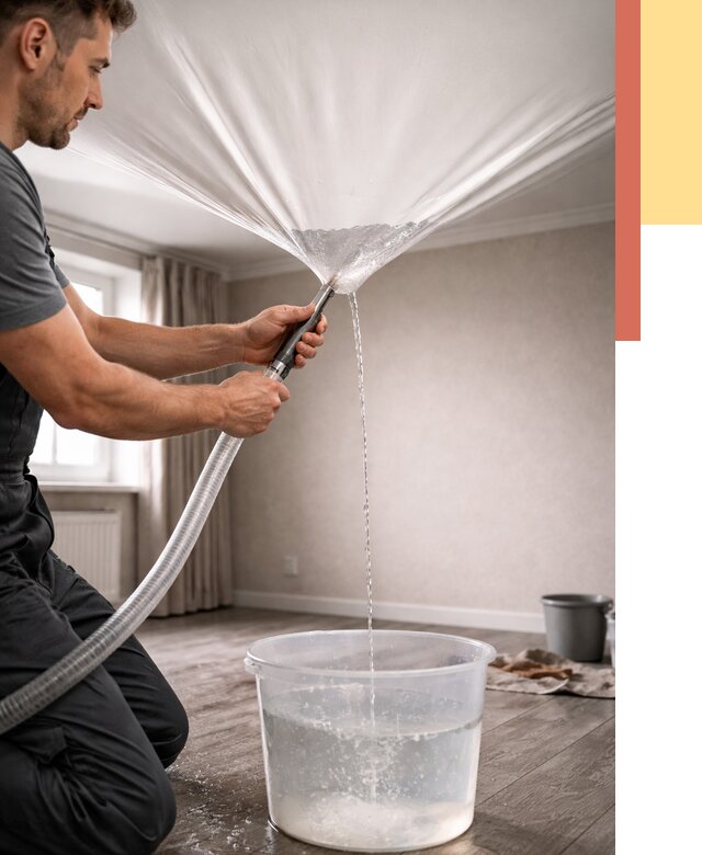 Слив воды с натяжного потолка в Видном от 2588 руб. быстро и недорого | ОТДЕЛОЧНИК-Вдн