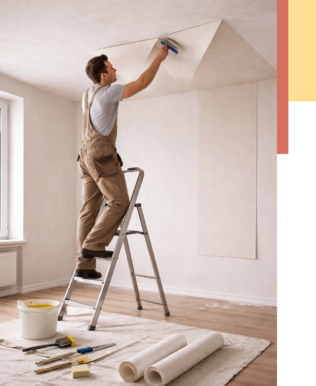 Поклейка обоев на потолок в Видном от 4658 руб. быстро и недорого | ОТДЕЛОЧНИК-Вдн